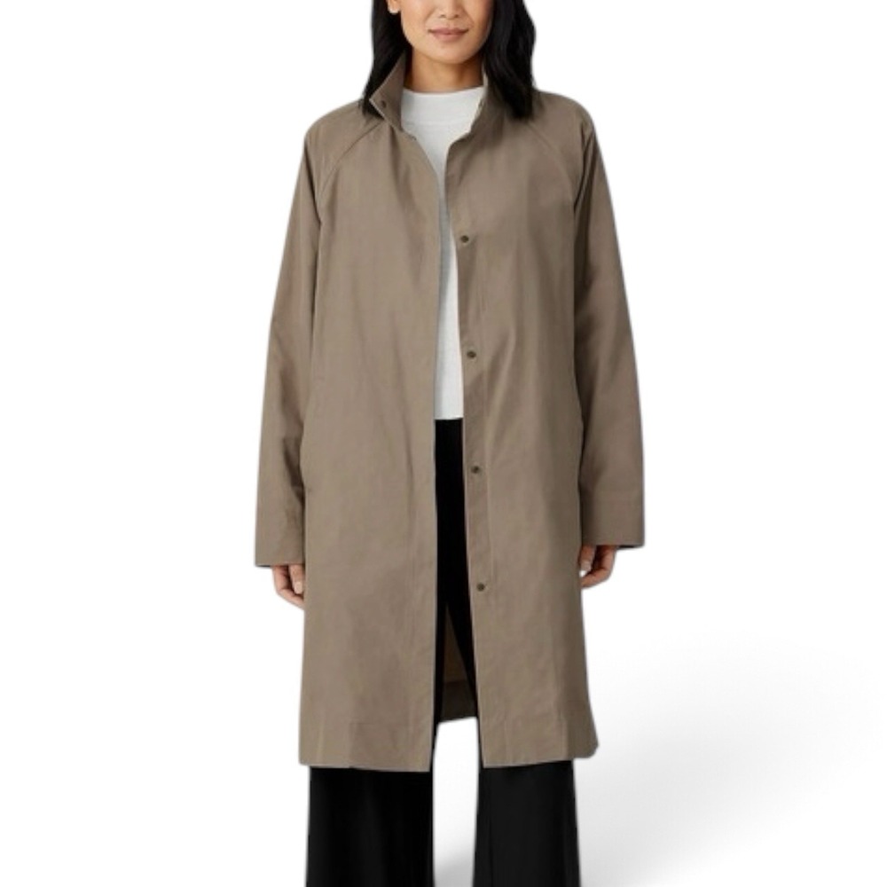 Eileen Fisher Light Cotton Nylon Stand Collar Coat In Tarragon Sz M Snap Front